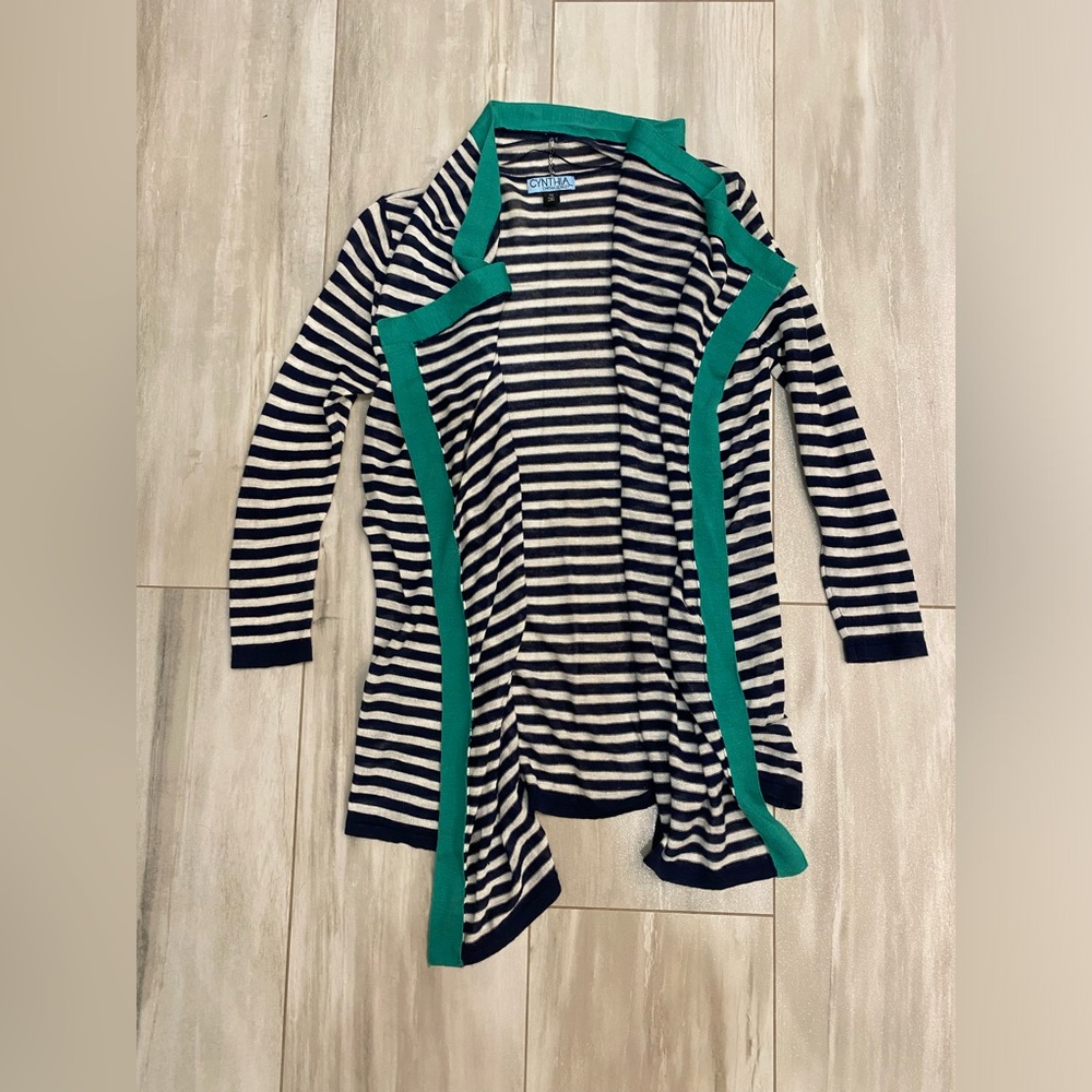 Cynthia Rowley Navy Blue and White Striped Open 3/4 Length Sleeve Cardigan S